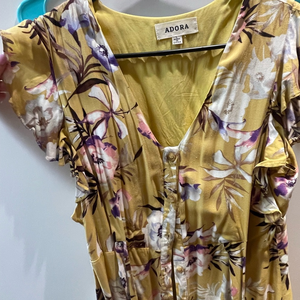 ADORA Yellow Floral Dress with Purple and White Accents